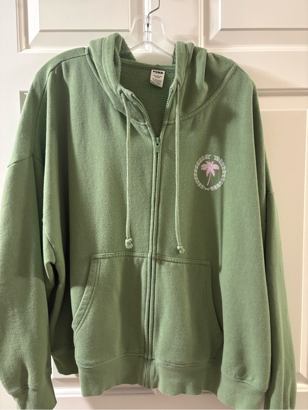 PINK Victoria's Secret Sage Green Zip-Up Hoodie with Pink Palm Logo